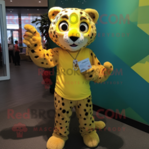 Lemon Yellow Cheetah mascot costume character dressed with a T-Shirt and Anklets