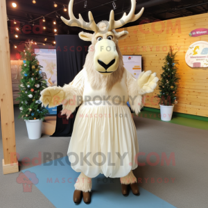 Cream Moose mascot costume character dressed with a Wedding Dress and Foot pads