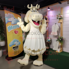 Cream Moose mascot costume character dressed with a Wedding Dress and Foot pads