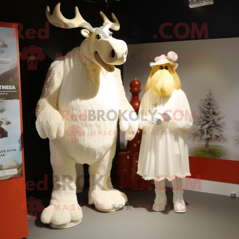 Cream Moose mascot costume character dressed with a Wedding Dress and Foot pads