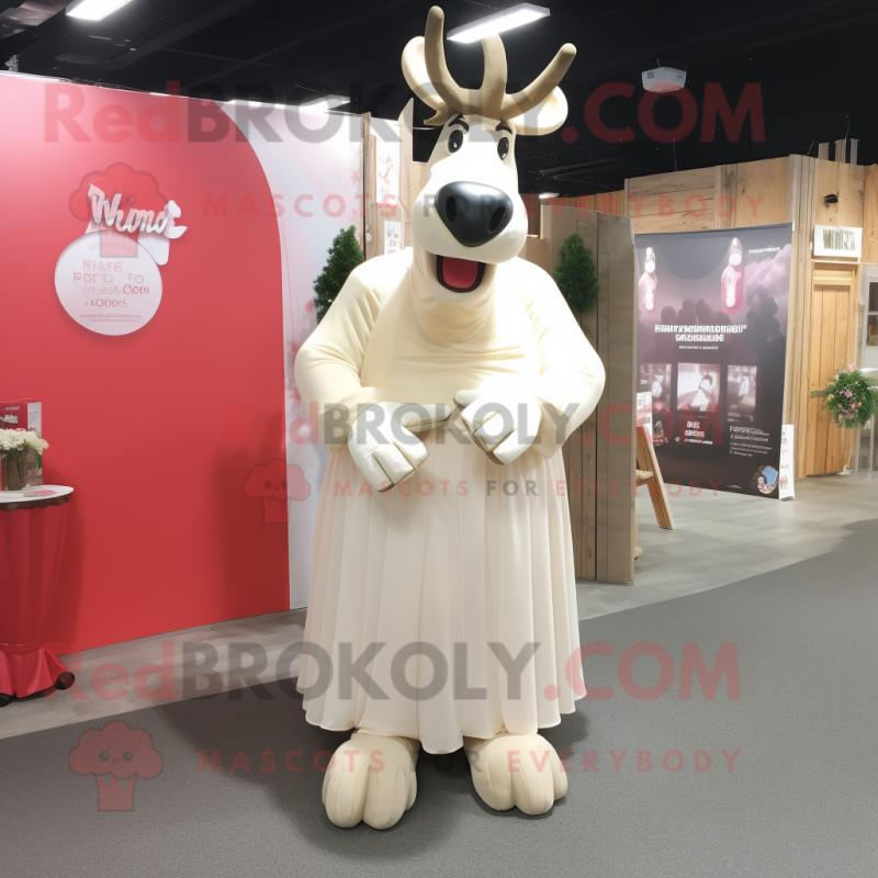 Cream Moose mascot costume character dressed with a Wedding Dress and Foot pads