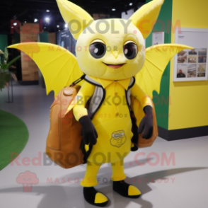 Lemon Yellow Bat mascot costume character dressed with a Vest and Messenger bags