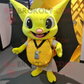 Lemon Yellow Bat mascot costume character dressed with a Vest and Messenger bags