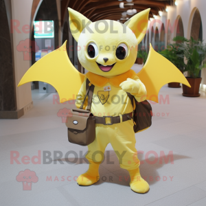 Lemon Yellow Bat mascot costume character dressed with a Vest and Messenger bags