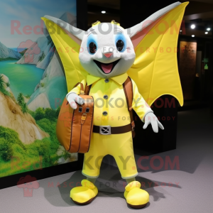 Lemon Yellow Bat mascot costume character dressed with a Vest and Messenger bags