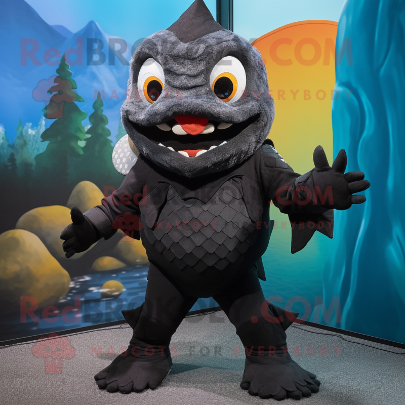 Black Piranha mascot costume character dressed with a Romper and Gloves