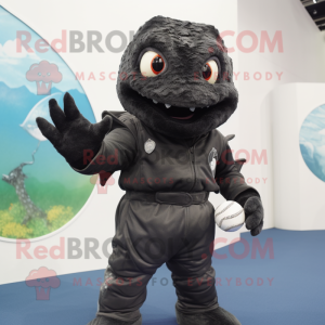 Black Piranha mascot costume character dressed with a Romper and Gloves