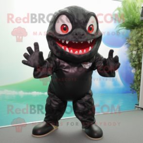 Black Piranha mascot costume character dressed with a Romper and Gloves