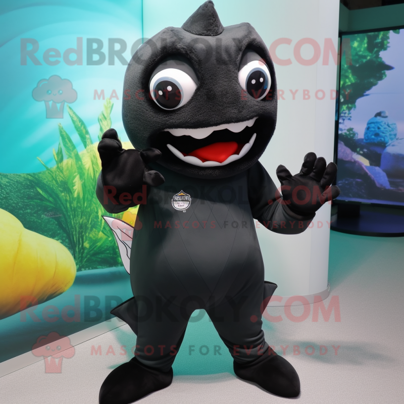 Black Piranha mascot costume character dressed with a Romper and Gloves Black Piranha mascot costume character dressed with a Romper and Gloves