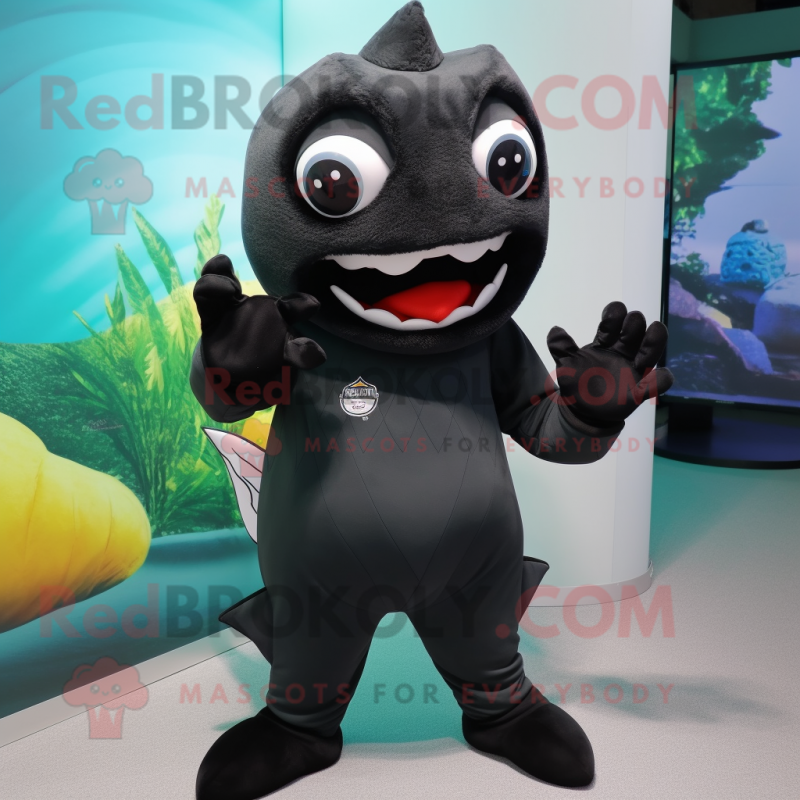 Black Piranha mascot costume character dressed with a Romper and Gloves