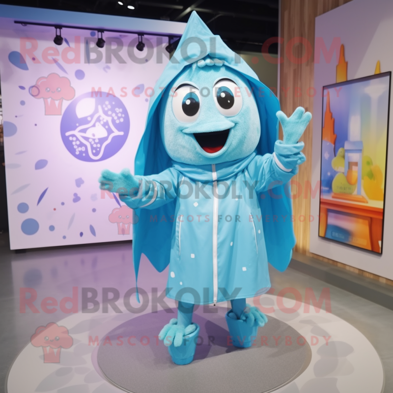 Cyan Momentum mascot costume character dressed with a Raincoat and Shawls Cyan Momentum mascot costume character dressed with a Raincoat and Shawls