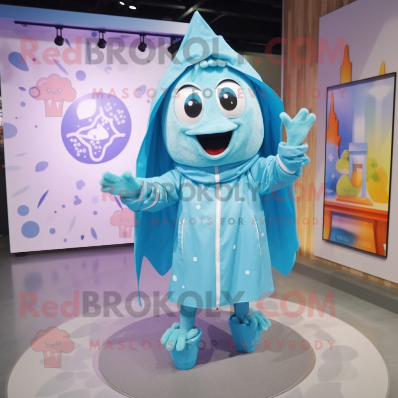 Cyan Momentum mascot costume character dressed with a Raincoat and Shawls