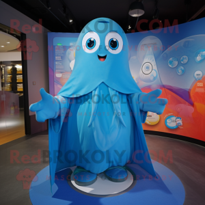 Cyan Momentum mascot costume character dressed with a Raincoat and Shawls