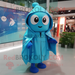 Cyan Momentum mascot costume character dressed with a Raincoat and Shawls