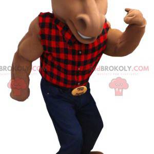 Brown horse mascot with a plaid shirt and jeans - Redbrokoly.com