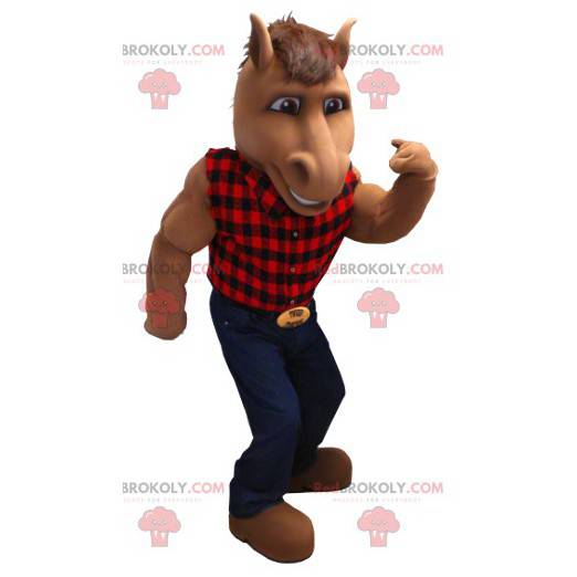 Brun hestemaskot med rutete skjorte og jeans - Redbrokoly.com