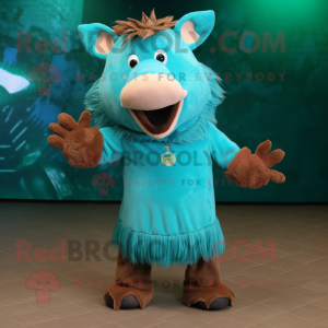 Turquoise Wild Boar mascot costume character dressed with a Henley Shirt and Earrings