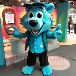 Turquoise Wild Boar mascot costume character dressed with a Henley Shirt and Earrings