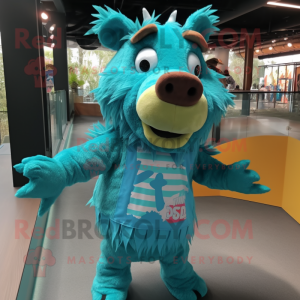 Turquoise Wild Boar mascot costume character dressed with a Henley Shirt and Earrings