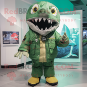 Green Megalodon mascot costume character dressed with a Parka and Brooches