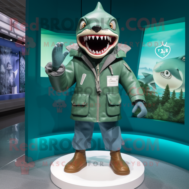 Green Megalodon mascot costume character dressed with a Parka and Brooches