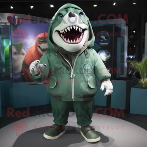 Green Megalodon mascot costume character dressed with a Parka and Brooches