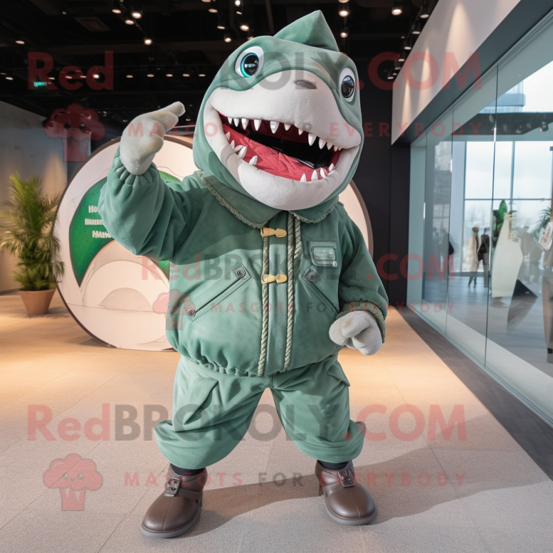 Green Megalodon mascot costume character dressed with a Parka and Brooches