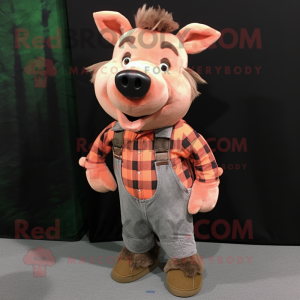 Peach Wild Boar mascot costume character dressed with a Flannel Shirt and Hairpins