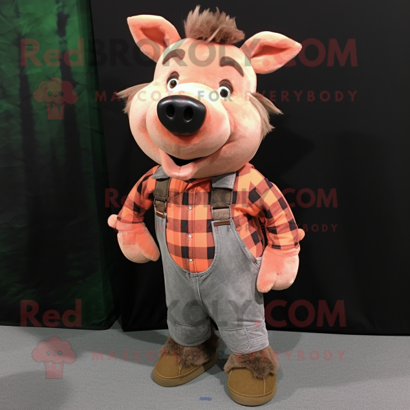 Peach Wild Boar mascot costume character dressed with a Flannel Shirt and Hairpins Peach Wild Boar mascot costume character dressed with a Flannel Shirt and Hairpins