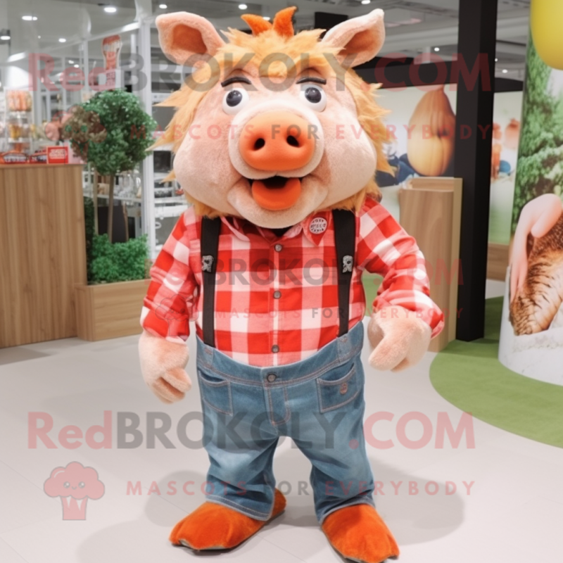 Peach Wild Boar mascot costume character dressed with a Flannel Shirt and Hairpins