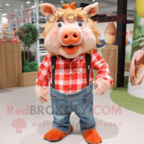 Peach Wild Boar mascot costume character dressed with a Flannel Shirt and Hairpins