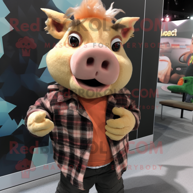Peach Wild Boar mascot costume character dressed with a Flannel Shirt and Hairpins Peach Wild Boar mascot costume character dressed with a Flannel Shirt and Hairpins