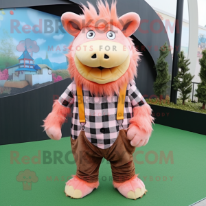 Peach Wild Boar mascot costume character dressed with a Flannel Shirt and Hairpins