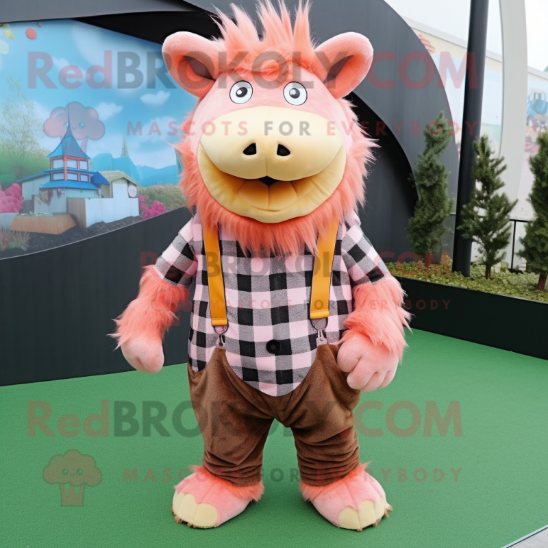 Peach Wild Boar mascot costume character dressed with a Flannel Shirt and Hairpins Peach Wild Boar mascot costume character dressed with a Flannel Shirt and Hairpins