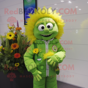 Lime Green Bouquet Of Flowers mascot costume character dressed with a Jacket and Digital watches