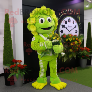 Lime Green Bouquet Of Flowers mascot costume character dressed with a Jacket and Digital watches