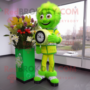 Lime Green Bouquet Of Flowers mascot costume character dressed with a Jacket and Digital watches
