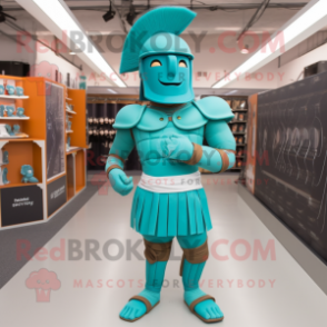 Turquoise Roman Soldier mascot costume character dressed with a Leggings and Foot pads