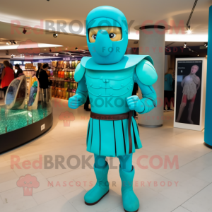 Turquoise Roman Soldier mascot costume character dressed with a Leggings and Foot pads