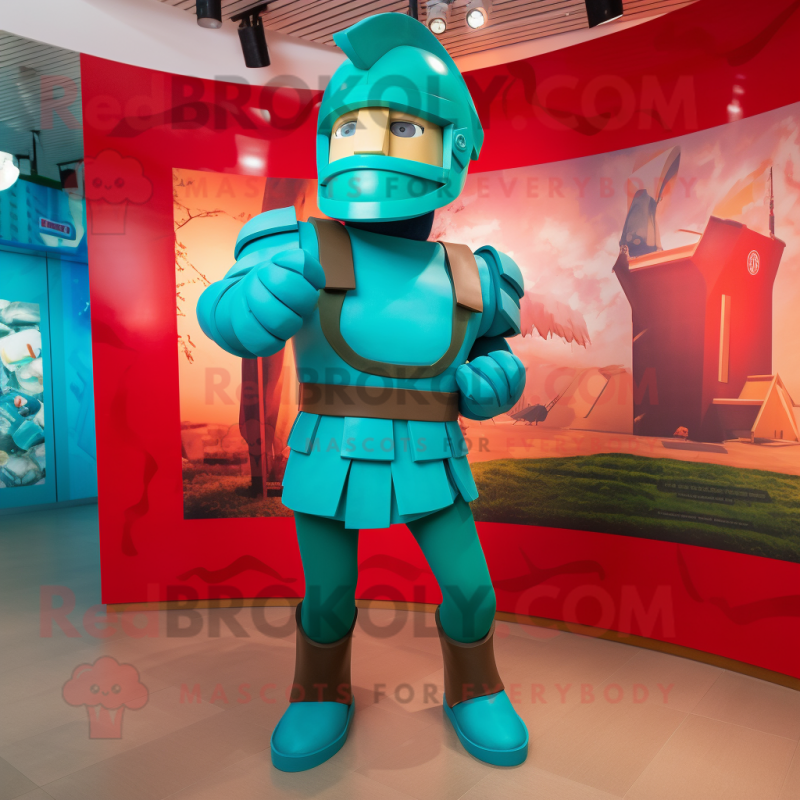 Turquoise Roman Soldier mascot costume character dressed with a Leggings and Foot pads