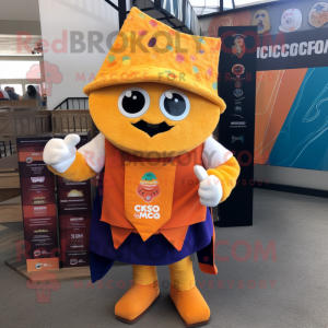 Orange Nachos mascot costume character dressed with a Dungarees and Scarf clips