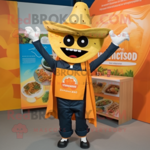 Orange Nachos mascot costume character dressed with a Dungarees and Scarf clips