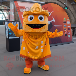 Orange Nachos mascot costume character dressed with a Dungarees and Scarf clips