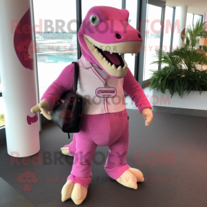 Pink Iguanodon mascot costume character dressed with a Capri Pants and Messenger bags