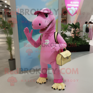Pink Iguanodon mascot costume character dressed with a Capri Pants and Messenger bags