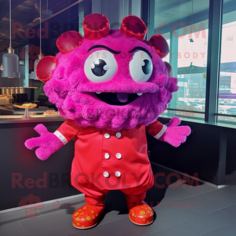 Magenta Crab Cakes mascot costume character dressed with a Coat and Hairpins