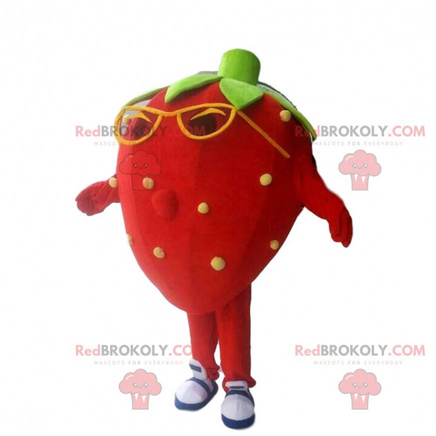 Röd jordgubbemaskot, jordgubbedräkt med glasögon -