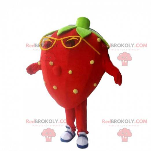 Red strawberry mascot, strawberry costume with glasses -
