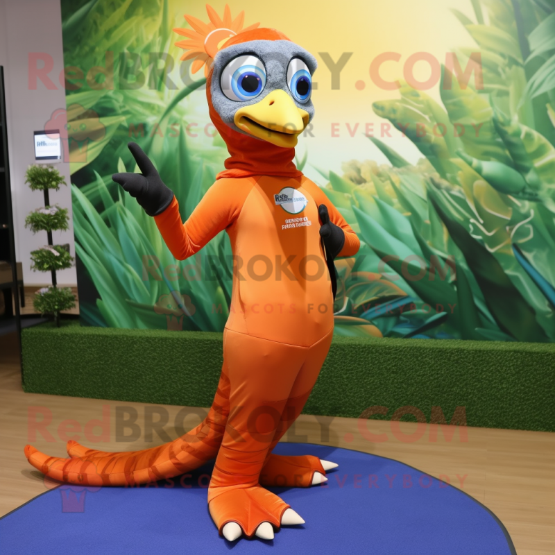 Orange Peacock mascot costume character dressed with a Yoga Pants and Caps