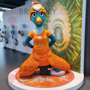 Orange Peacock mascot costume character dressed with a Yoga Pants and Caps